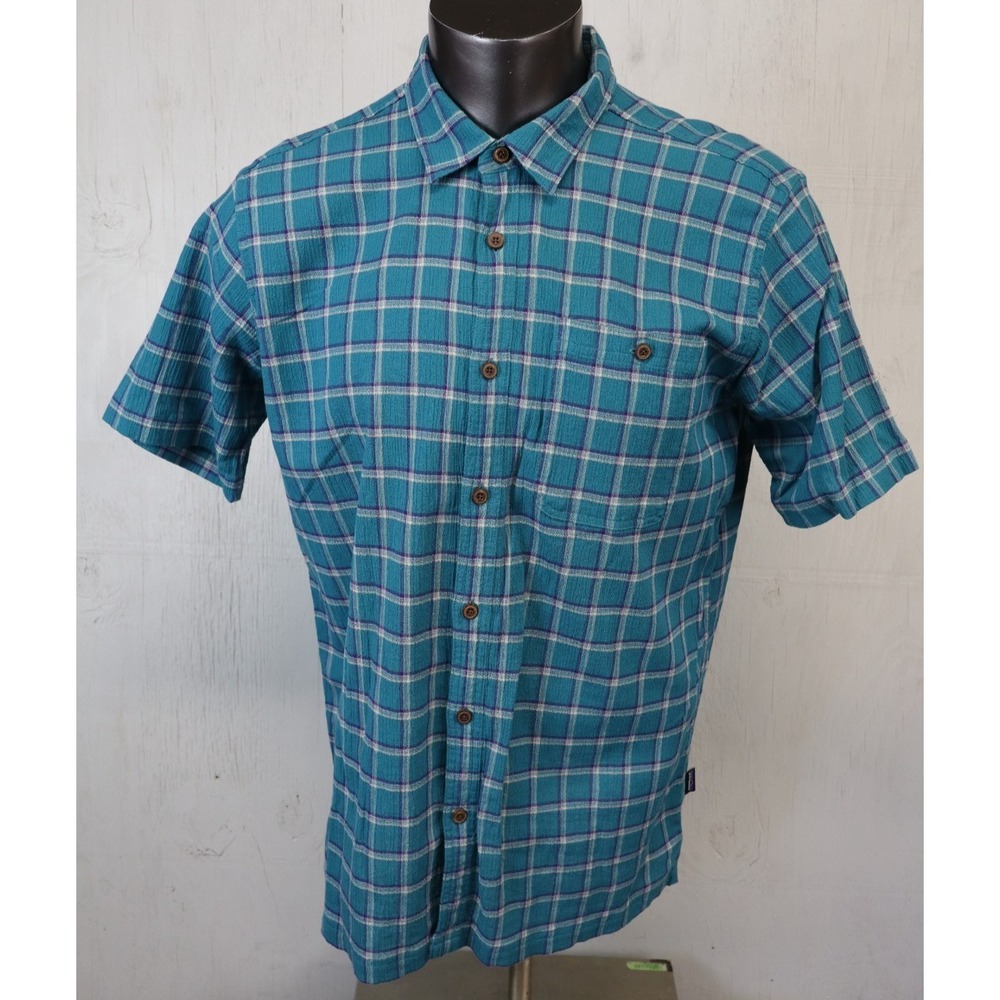 Mens Patagonia Short Sleeve Button Front Shirt Organic Cotton Shirt‎ Size L Teal
